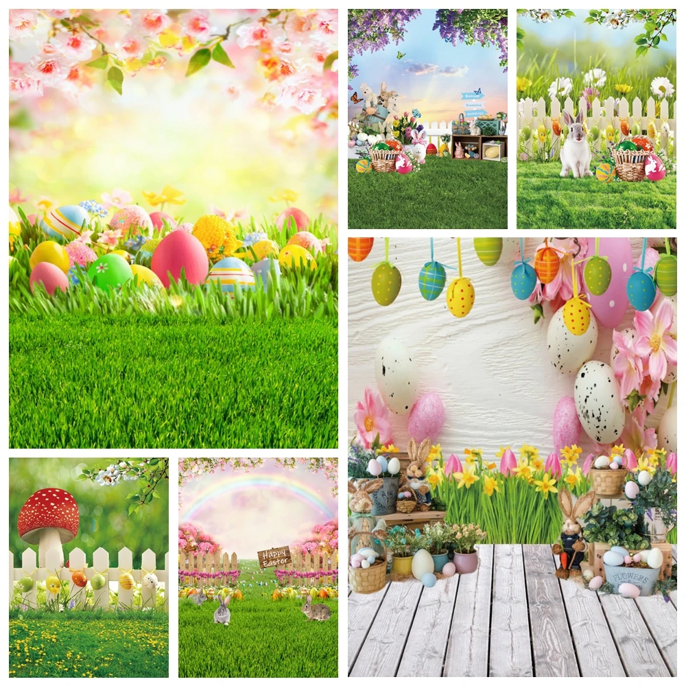 Spring Scenery Easter Backdrop Colorful Eggs Green Grass Rabbit Wood Floor Bunny Flower Baby Birthday Photography Background