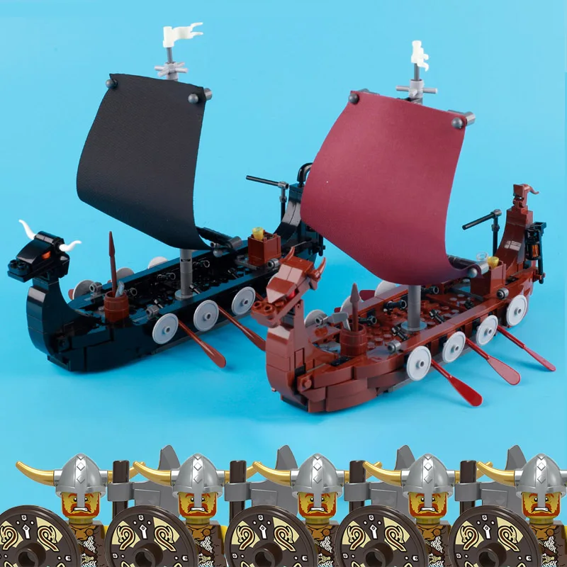 MOC Medieval Pirate Pearl Ship Building Blocks Military Soldier Figures Army Dragon Boat Weapons Shield Bricks Toys Boy Children