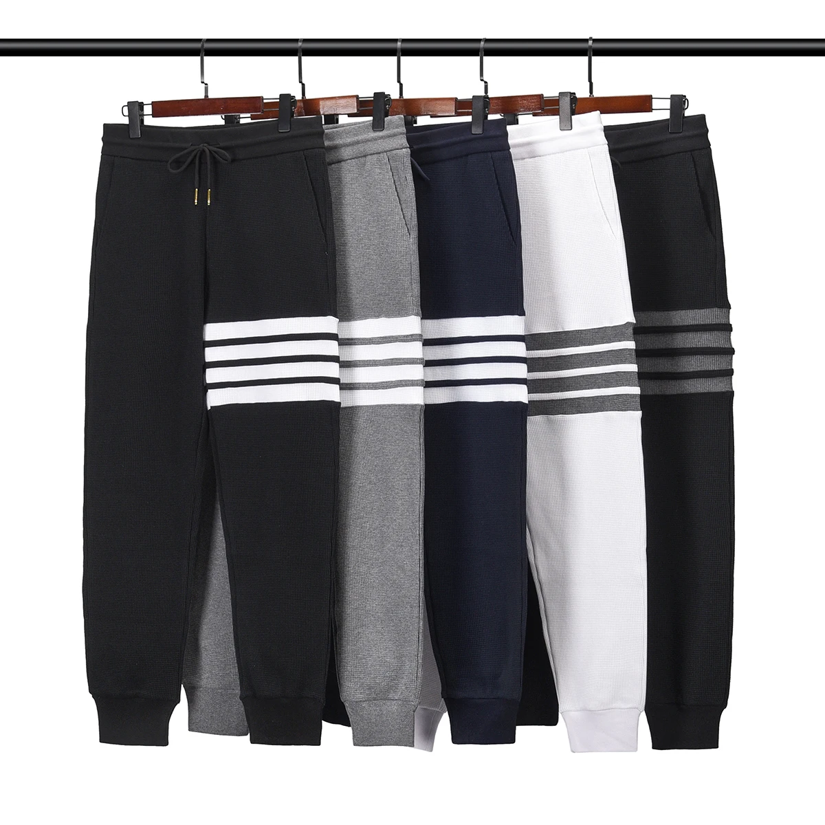 Men's sweatpants Luxury casual tide spring waffle autumn couple  four-bar striped cotton knitted Trousers