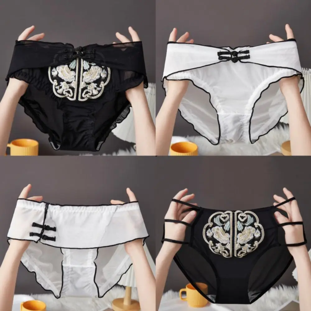 Thin Belt Retro Embroidered Underpants Transparent Underwear Mesh Mid Waisted Briefs Chinese Style Cotton Crotch