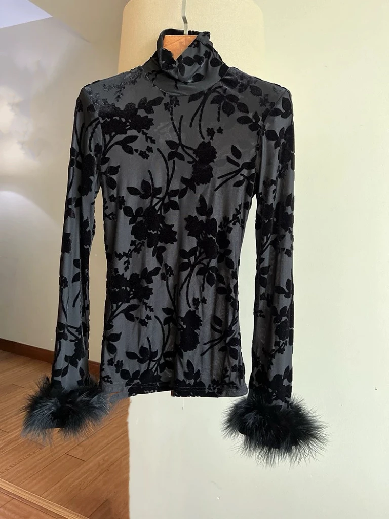 

Эластичный 3D-топ из золотистого бархата с эффектом вытравления, облегающий, с высоким воротником, универсальный, для повседневной носки, женская модная новинка осень-зима