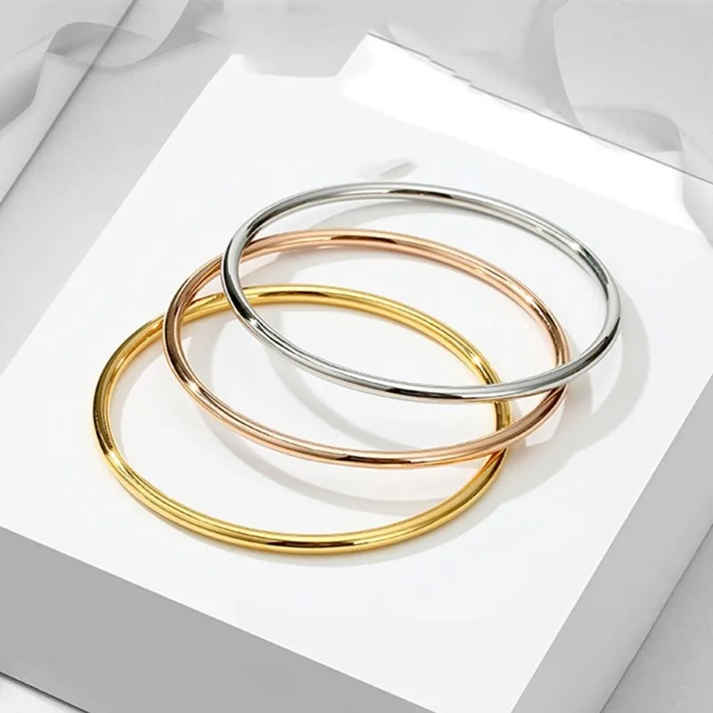 55mm/60mm/65mm Stainless Steel 3mm Plain Polished Slip On Bangle Bracelet for Women Girl