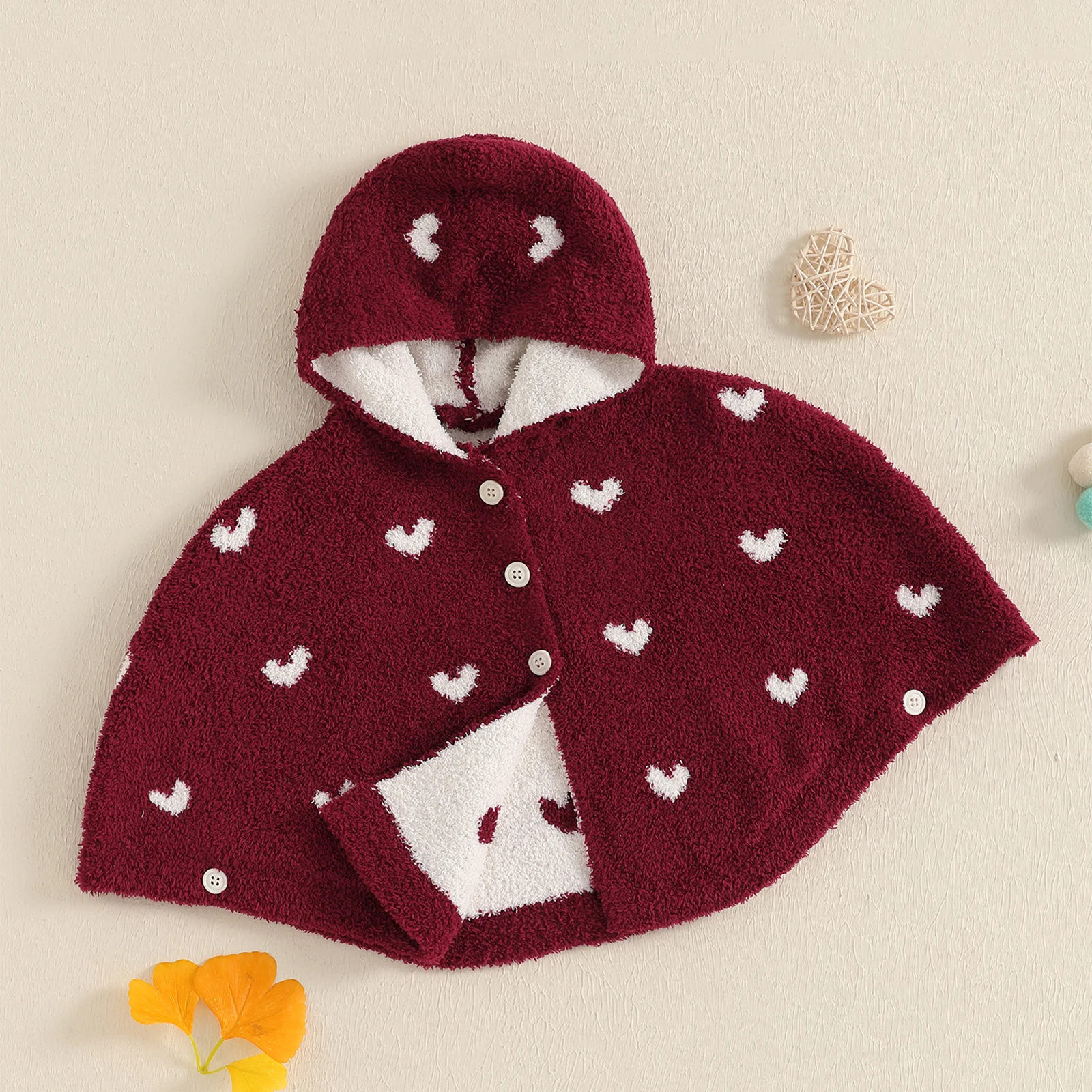 

Newborn Baby Girls Winter Ponchos with Hood Love Heart Pattern Botton Down Cozy Warm Fleece Coats Warm Outwear for 0-2Years