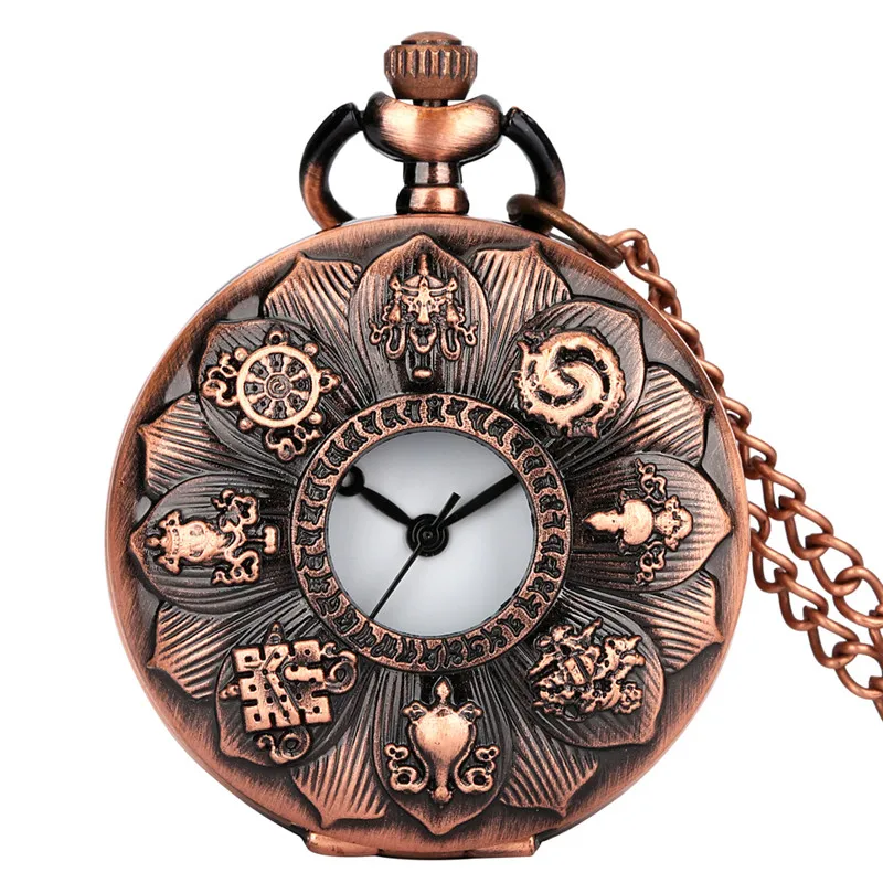 Old Fashion Pocket Watch with Flower Petal Design Men Women Antique Quartz Movement Watches with Necklace Chain Timepiece