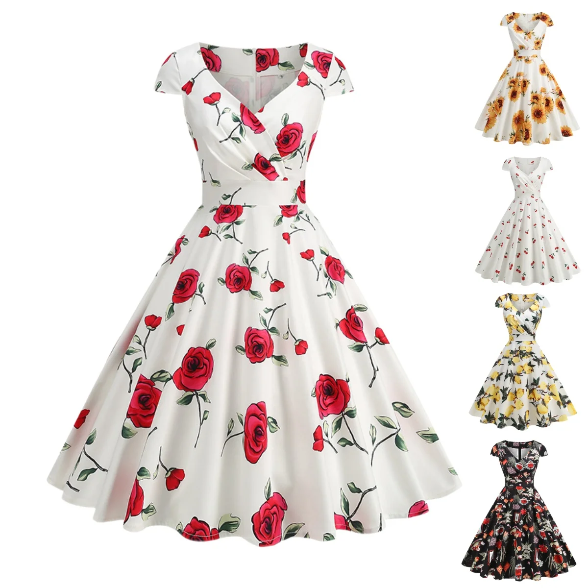 

Women's 1950s Summer Short Sleeve Retro Cocktail Swing Dress Hepburn Vintage Swing Party Dresses