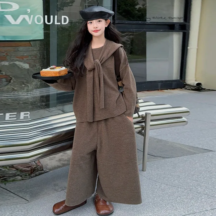 

Корейские комплекты для девочек-подростков, осенний топ с шалью и круглым вырезом для девочек-подростков, детские широкие брюки для девочек, повседневная одежда из 2 предметов