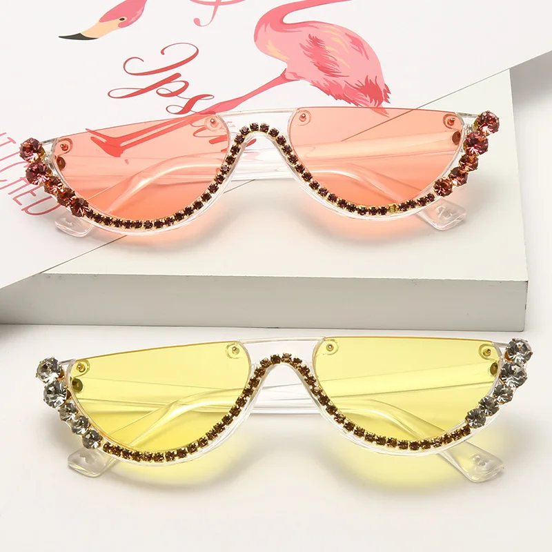 Semi Rimless Diamond Rhinestone Cat Eye Sunglasses Women Luxury Designer UV400 Elegant Party Eyewear