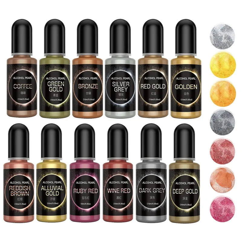 12PCS 10ml Metallic Pearlescence Pigment Alcohol Liquid Art 3D Ink Alcohol Diffusion DIY UV Epoxy Resin Mold Colorant Dye