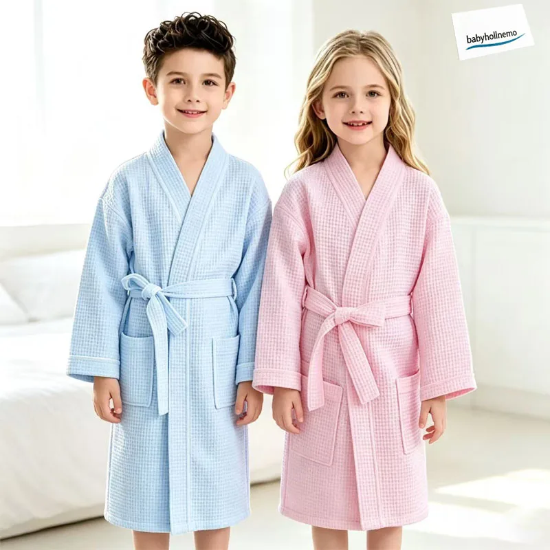 Summer Kids Cotton Waffle Bathrobe Soft Absorbent Kimono Robe Belted Homewear for Boys Girls After Bath Spa Sleepwear