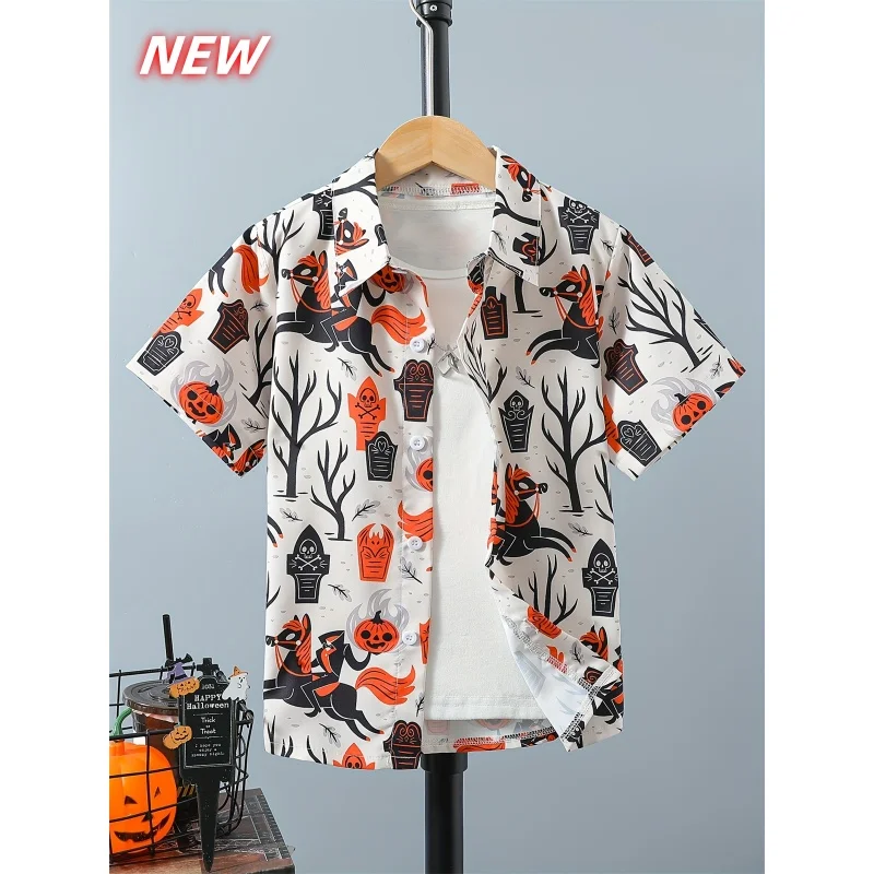 

Car Halloween Pattern Hawaiian Shirt For Men Cat Cartoon 3D Printed Aloha Shirts Summer Casual Short Sleeve Blouse Lapel Tops
