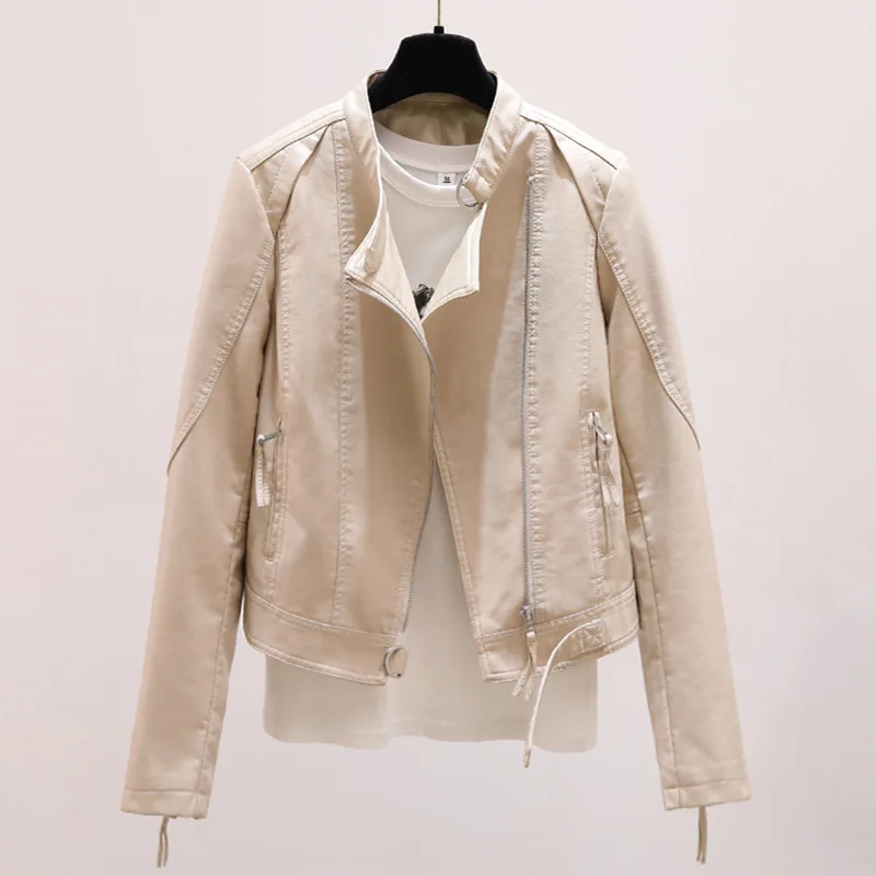 

2026 spring new Korean version clothes PU leather jacket women's short slim leather jacket simple stand-up collar beige