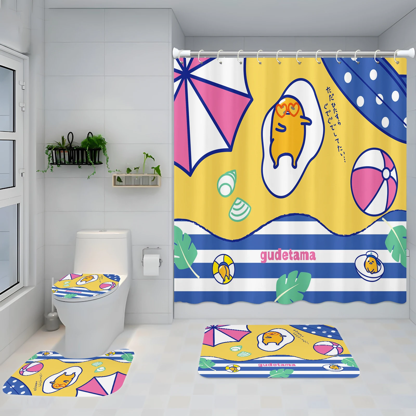 Sanrio Gudetama Shower Curtain Cartoon 100% Polyester Full Bathroom Curtains Hook up Set Decorations 4 Pcs Set