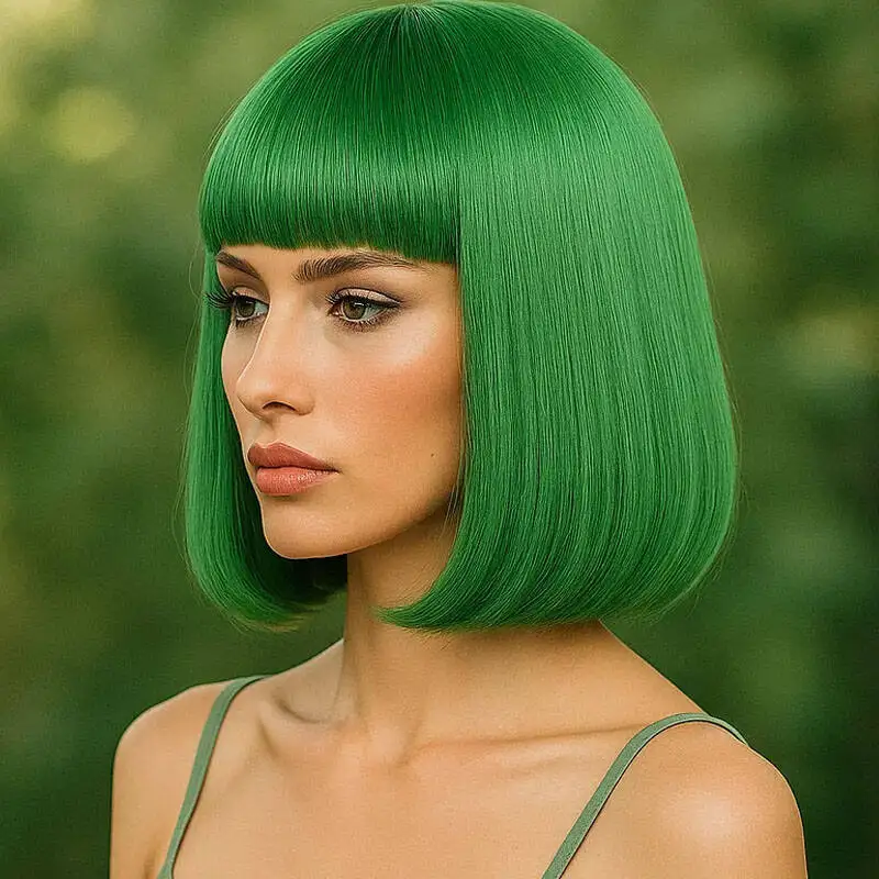 Multi functional 12 inch green straight tube synthetic wig with bangs, suitable for women to wear on Halloween and Christmas