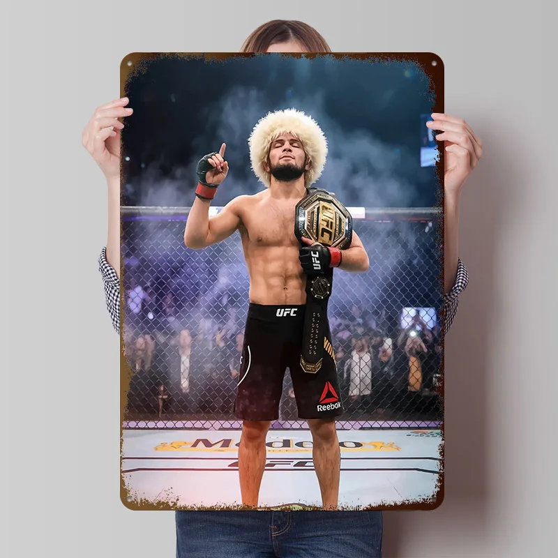 Khabib Nurmagomedov With Championship Printed Poster Customized Wall Art Retro Vintage Metal Tin Signs for Luxury Decoration