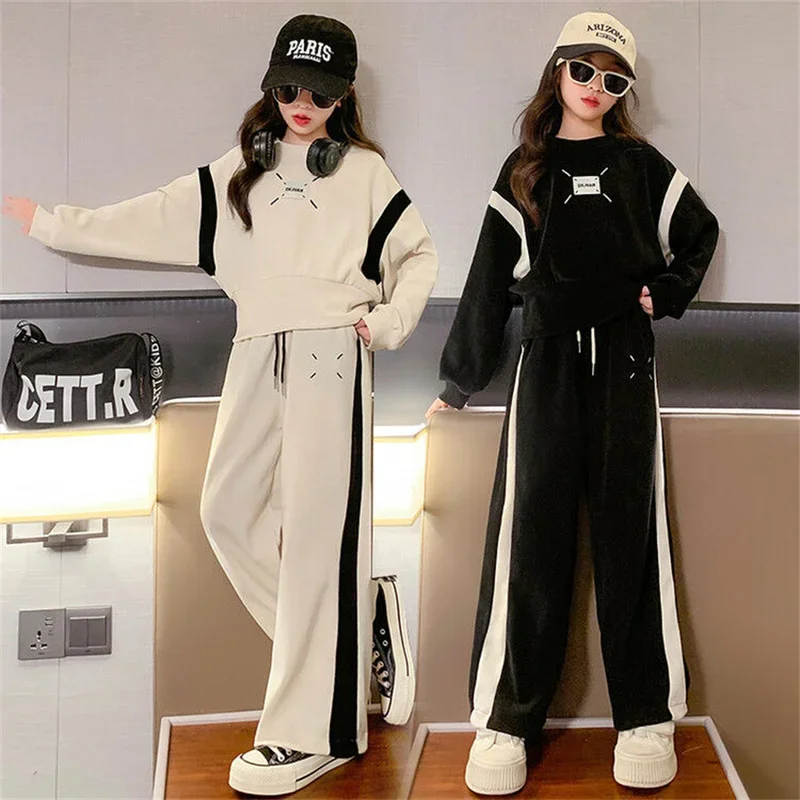 Fashion 2023 kids girls clothes sets autumn long sleeve sweatshirt wide leg pants children clothing suits 6 8 10 12 14 years