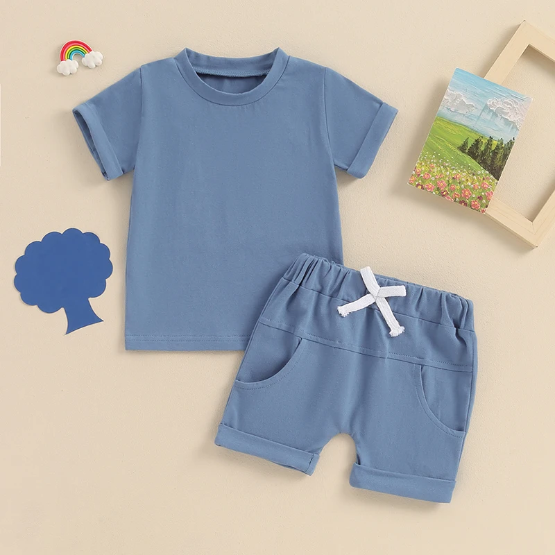 

SUNSIOM Toddler Boys Summer Outfits Solid Color Rolled Hem Short Sleeve T-Shirts Tops Elastic Waist Shorts 2Pcs Clothes Set