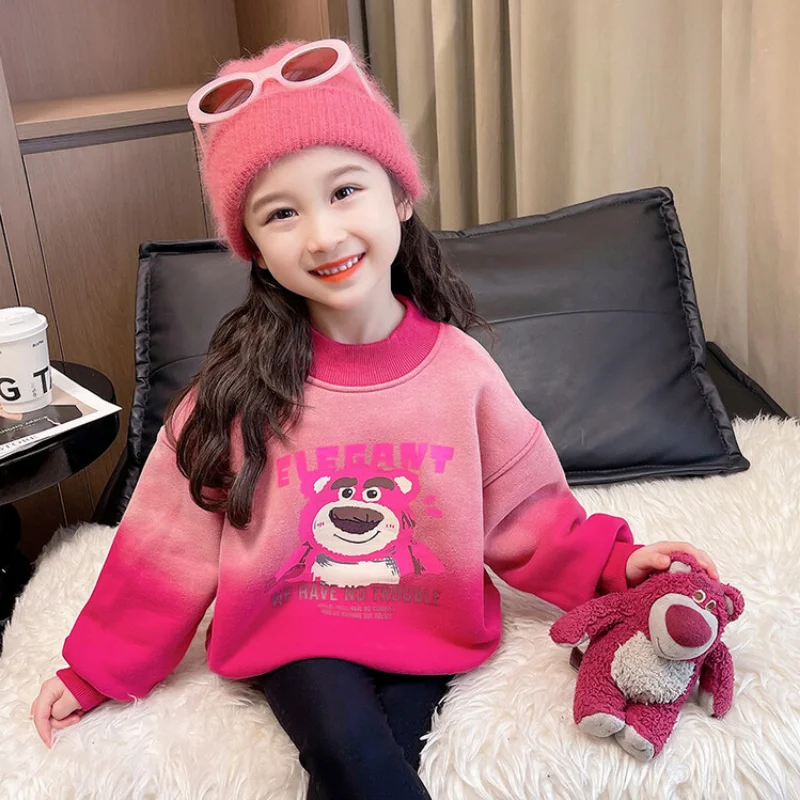 Disney autumn and winter strawberry bear cute warm children's top cartoon gradual change loose crew neck fleece casual sweater