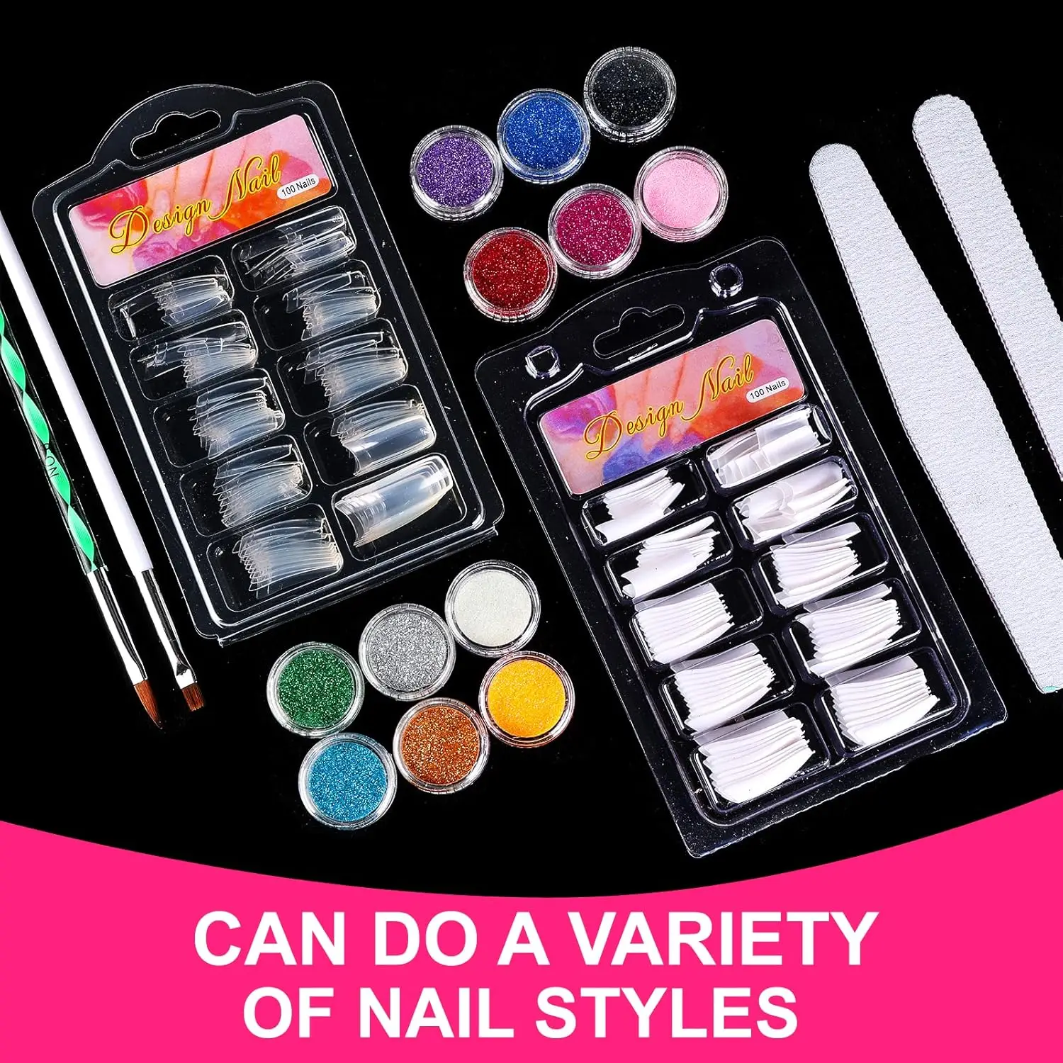 Complete Acrylic Nail Kit with Glitter Powder, Tips & Tools for DIY Beginners