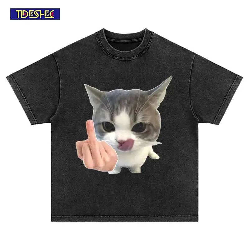 Hip Hop Funny Cute Cat Print Wacky T-Shirt Summer Harajuku Streetwear Washed Vintage Trend Fashion Oversized Cotton Tshirt Tops