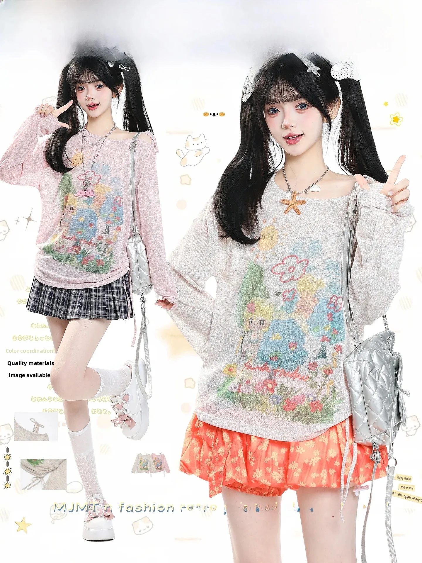 Korean Style Long Sleeve T-Shirt Women Summer Loose Casual Slimming Design Commute Cover up Top Cartoon Print Diagonal Collar