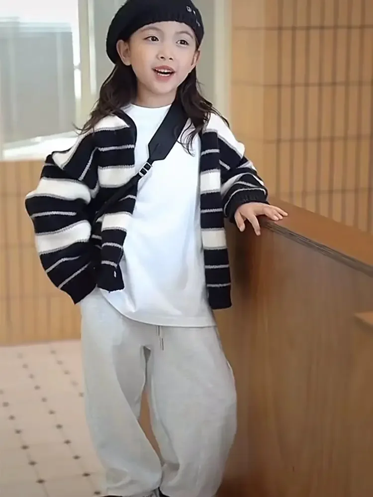 Three Pieces Autumn Girls Clothes Black Striped Coats Toddler Cardigans White Bottoming Shirts Undershirts Loose Pants