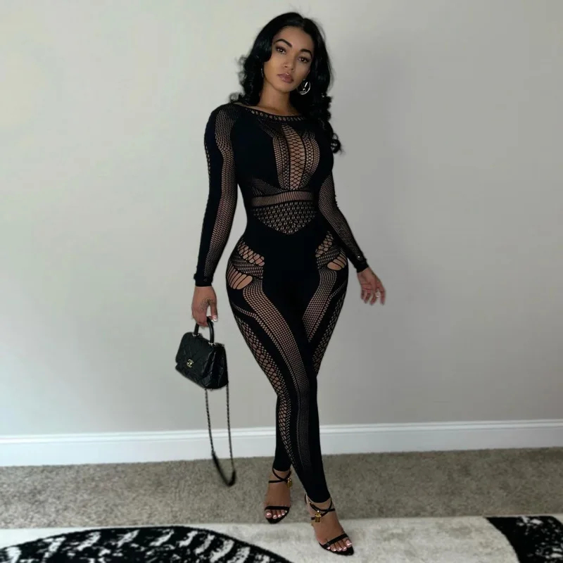 FHSEER Women's Sexy Jumpsuit Mesh Sheer Hollow Out Long Sleeve Bodycon One Piece Stretchy Jumpsuit Club Party Night Out Oufits
