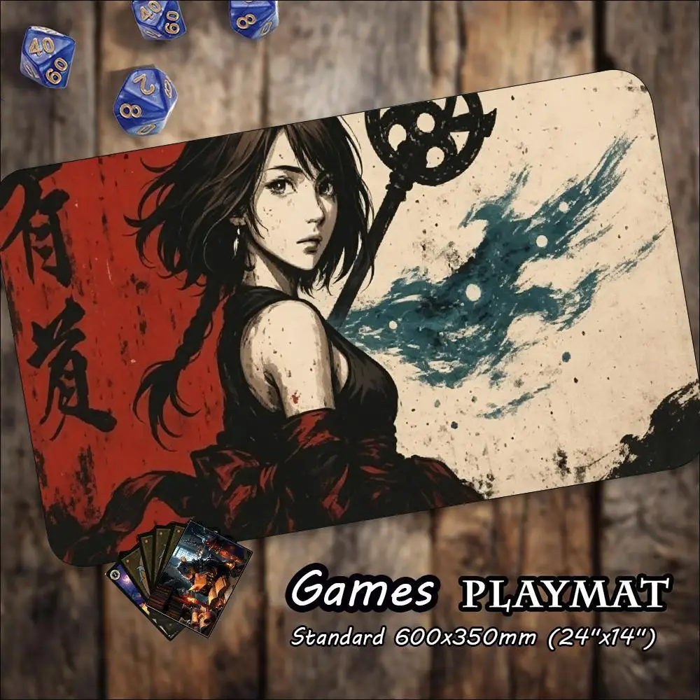 TCG Tabletop Playmat East Style Ink Samurai Bamboo Print Large Non Slip Rubber Pad Smooth Cloth For Trading Card Table Battles