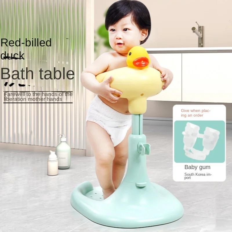 LazyChild-baño de pie para bebé, pico rojo, mesa de baño de pato, ducha de pie, manos libres, Protector de columna antideslizante ajustable