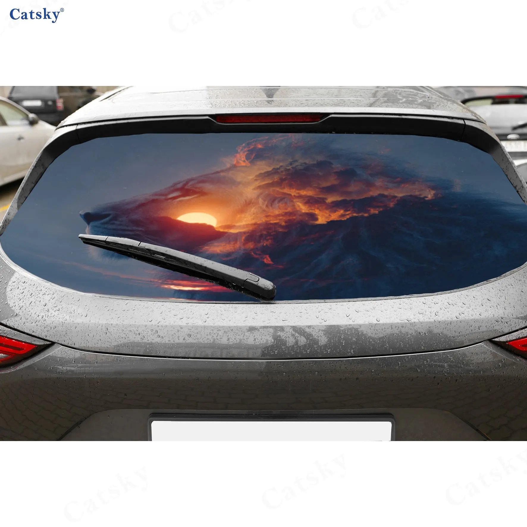 Vinilos para autos perforados de PVC con diseño de atardecer y león, diseño que mejora la privacidad para la ventana trasera, adhesivo para el parabrisas trasero del auto