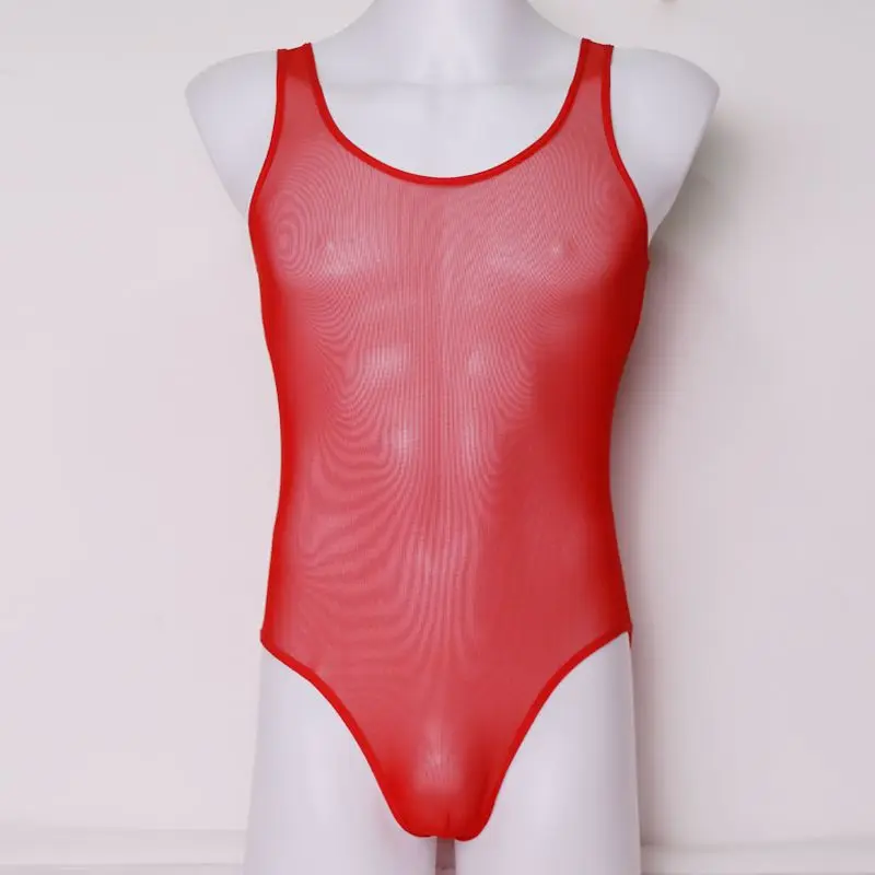 Mens Clothing Sexy Lingerie Elastic Thin Mesh Transparent Men Bikini Jumpsuit Night Club Show Sissy Gay Transparent Tank Tops