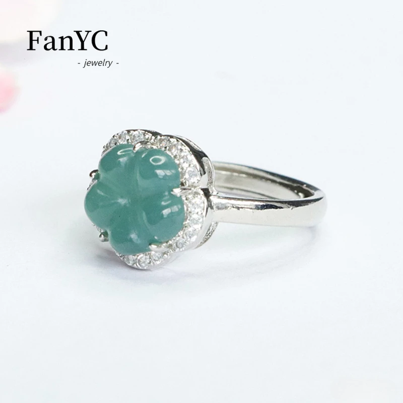 Natural A-goods Jadeite Blue Water Flower Ring Beautifully Carved Fashion Luxury Jewelry Holiday Gift