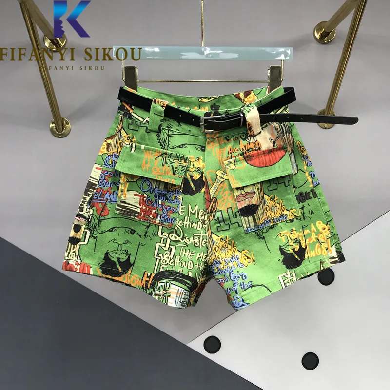 Jeans Shorts Women Summer Loose High Waist Wide Leg Shorts Double Pocket Fashion Graffiti Letter Print Denim Shorts Female