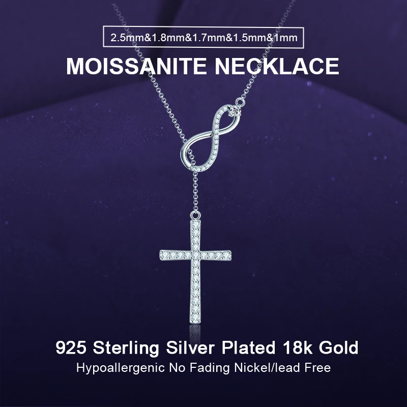 IOGOU Infinity & Cross Full Moissanite Diamond Pendant Necklace for Women Original 925 Silver Y Lariat Fashion Necklace Jewelry