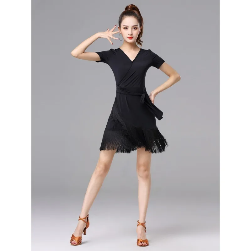 

New Latin Dance Dress Short sleeved Adult Ribbon Dress Women's National Standard Dance Clothing