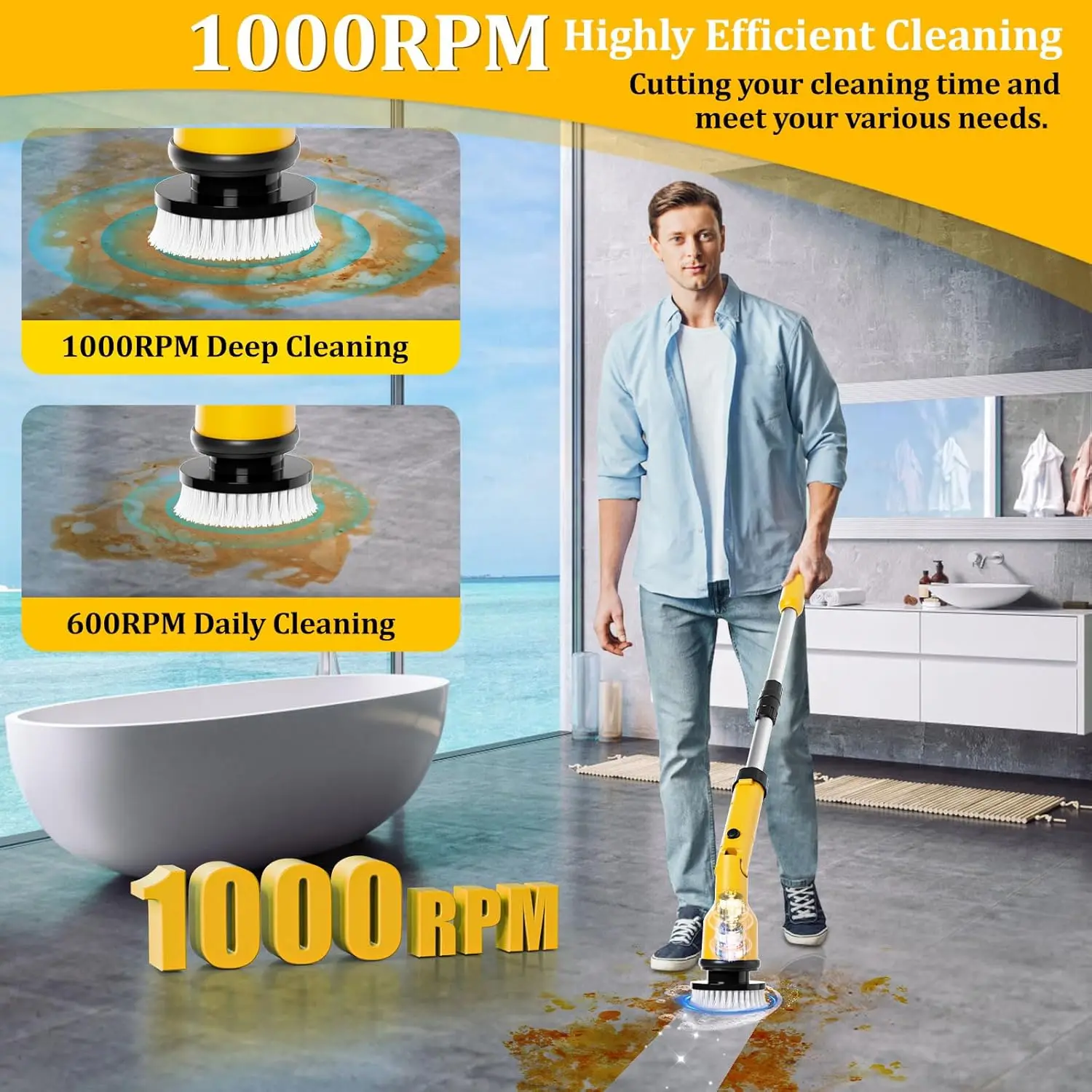 Lavapavimenti elettrico compatibile con batteria Dewalt 20V 60V (senza batteria), spazzola per pulizia a batteria da 1000 giri/min con 8 spazzole Hea