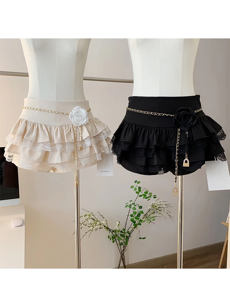 

Korean Y2k Women Ballet Core Mini Lace Skirt With Belt 2000s Aesthetic Gyaru Coquette Party Lolita Ruffle Cutecore Mori Girl New