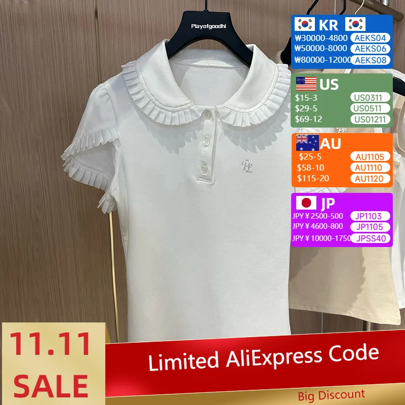 

2025 Одежда для гольфа, рубашка, женские корейские элегантные рубашки с короткими рукавами, тонкие быстросохнущие топы, плиссированные теннисные майки с рюшами, одежда для гольфа