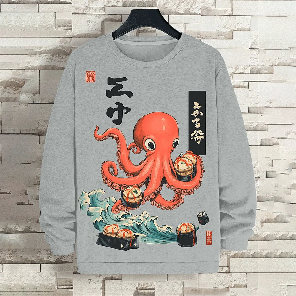 Sweat-shirt imprimé Octopus Sushi pour hommes et femmes, sweats à capuche surdimensionnés, t-shirt à manches longues, style japonais, décontracté, automne