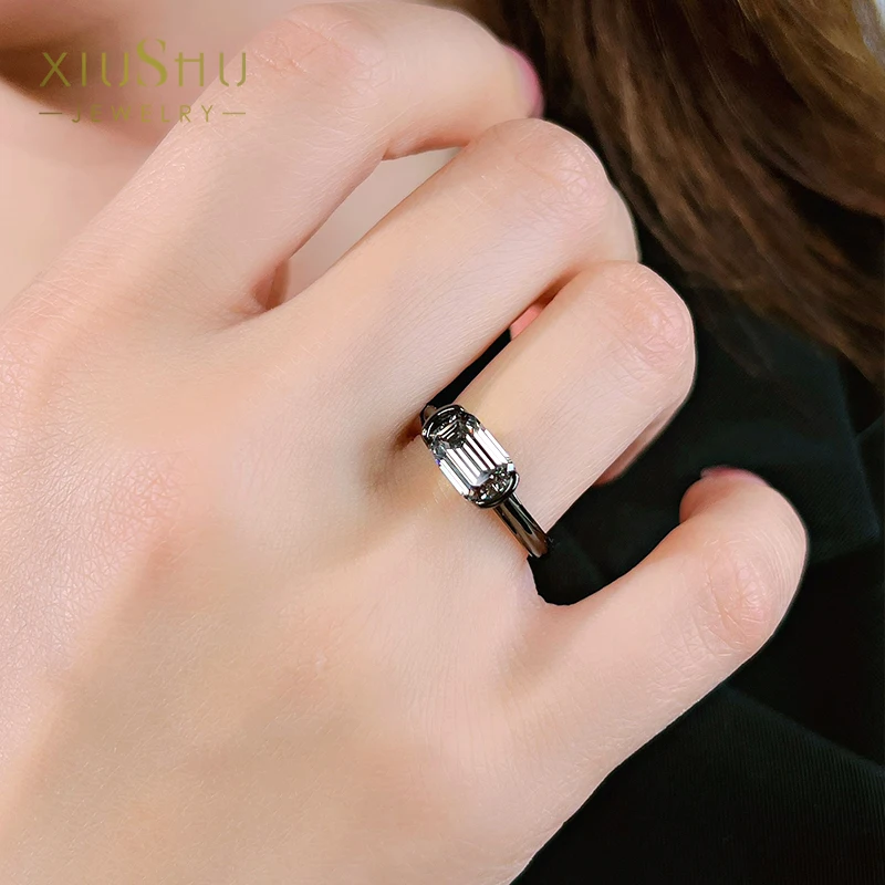 Black Gold Pillow 925 Silver Emerald Cut Ring Set with High Carbon Diamond Instagram for Cool and Simple Women