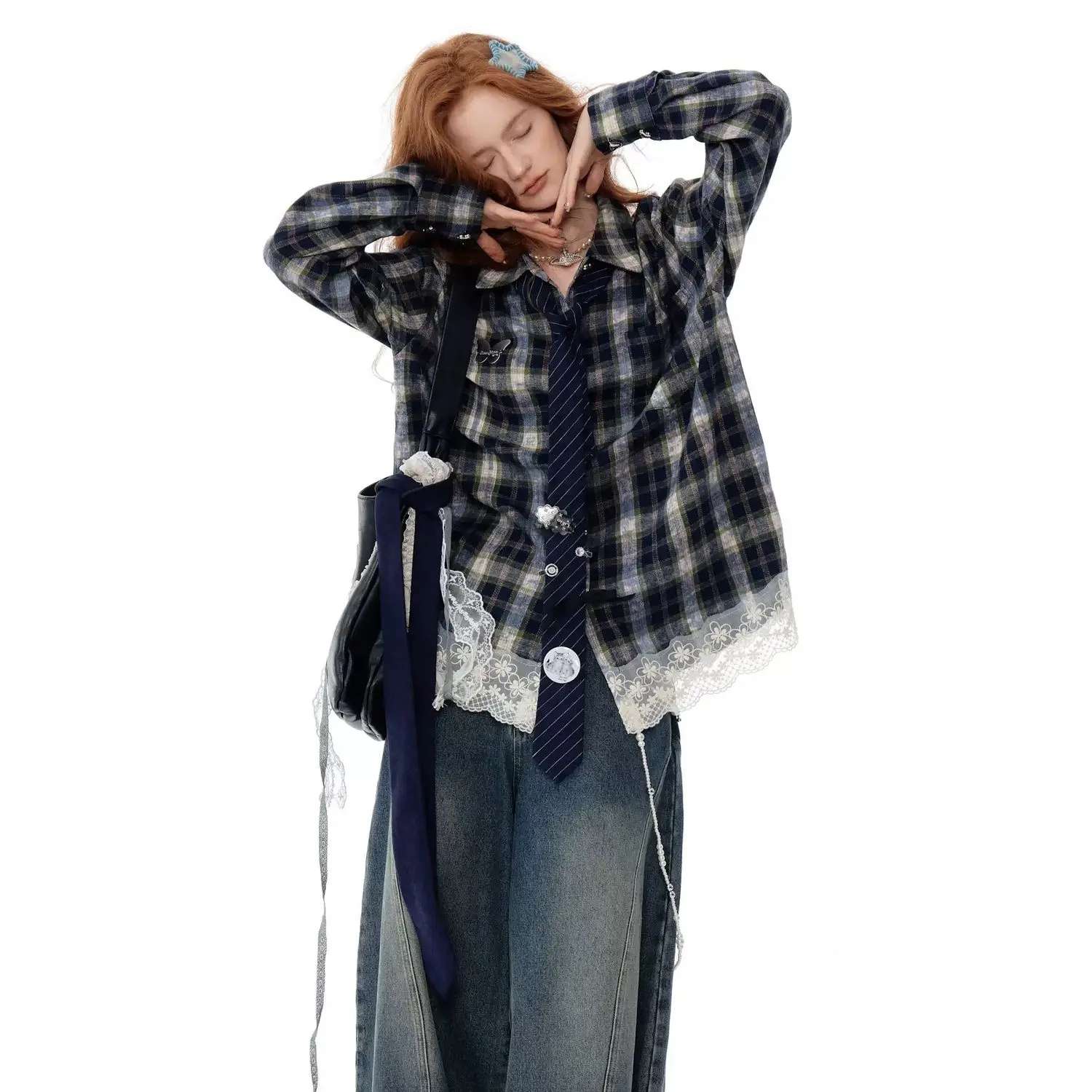 

Gagaich American Retro Autumn Winter American Design High-end Lace Patchwork Plaid Loose Blue Plaid Shirt Jacket Women