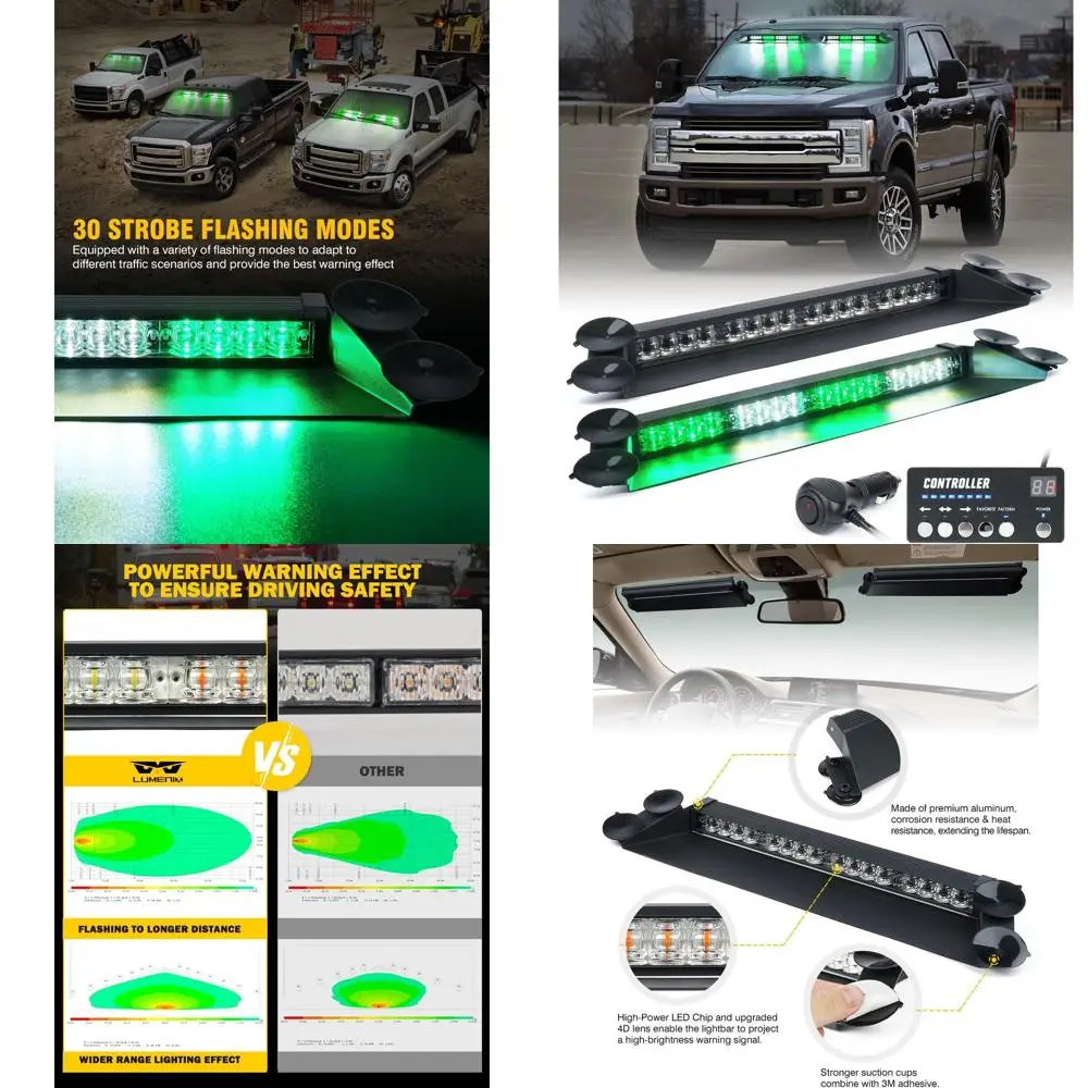

LED Strobe Light Bar with Controller for Vehicle Safety, Windshield Mount, White & Green