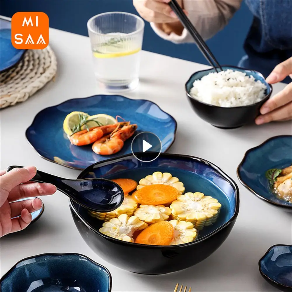 

Салатная фруктовая чаша, жесткая и мягкая как нефрит, высокотемпературная фарфоровая синяя Обжиговая глазурованная миска для лапши, обеденный набор Северной Европы