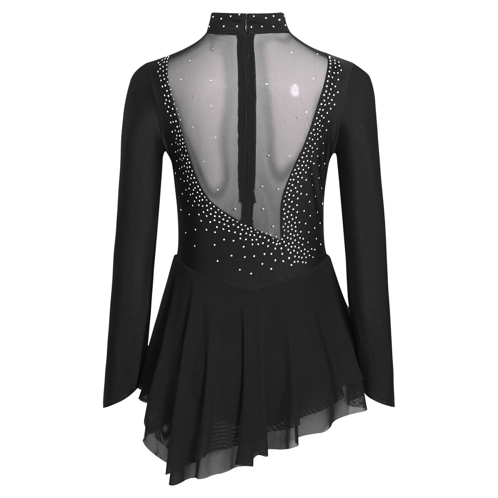 Kids Girls Figure Skating Dance Gymnastics Costume Long Sleeve Rhinestones Sheer Mesh Ballet Tutu Dress Performance Dancewear