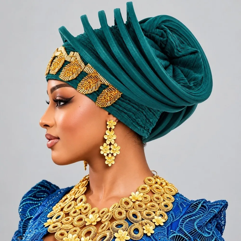 Vintage Shiny African Gele Headwrap Leaf Polyester Yoruba Turban Hat Gold Embellished Pre-tied Traditional Headpiece Women
