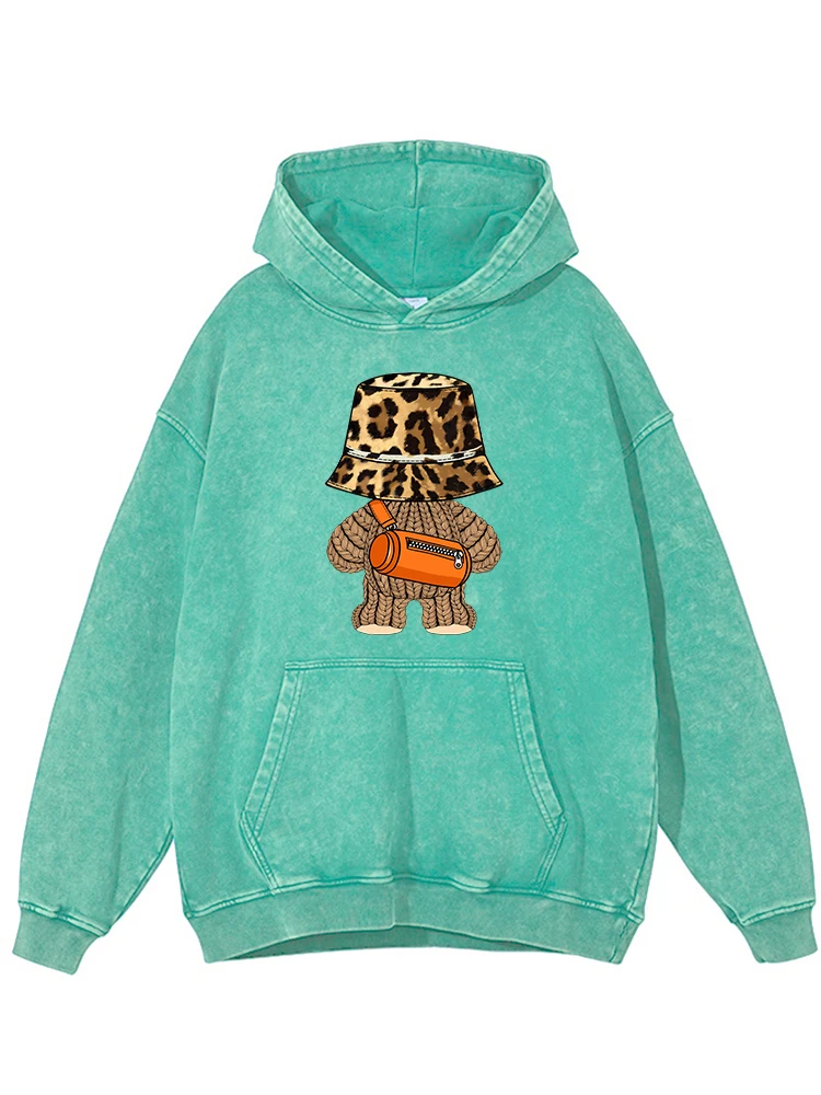 Hip Hop Tide Little Bear Print Gewassen Distressed Vrouwen Hoodie Mode Oversize Vintage Hoody Herfst Warm Katoen Basic Kleding