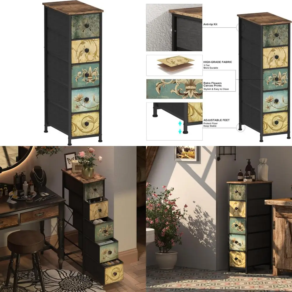 Retro Flower Fabric Drawers Vertical Storage Cabinet for Small Spaces and Bathrooms