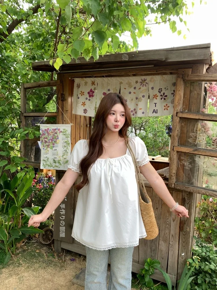 

Женская свободная рубашка с рукавами-фонариками и серебряной нитью, с поясом, квадратным воротником, длинными рукавами, повседневный топ, скрывающий недостатки фигуры