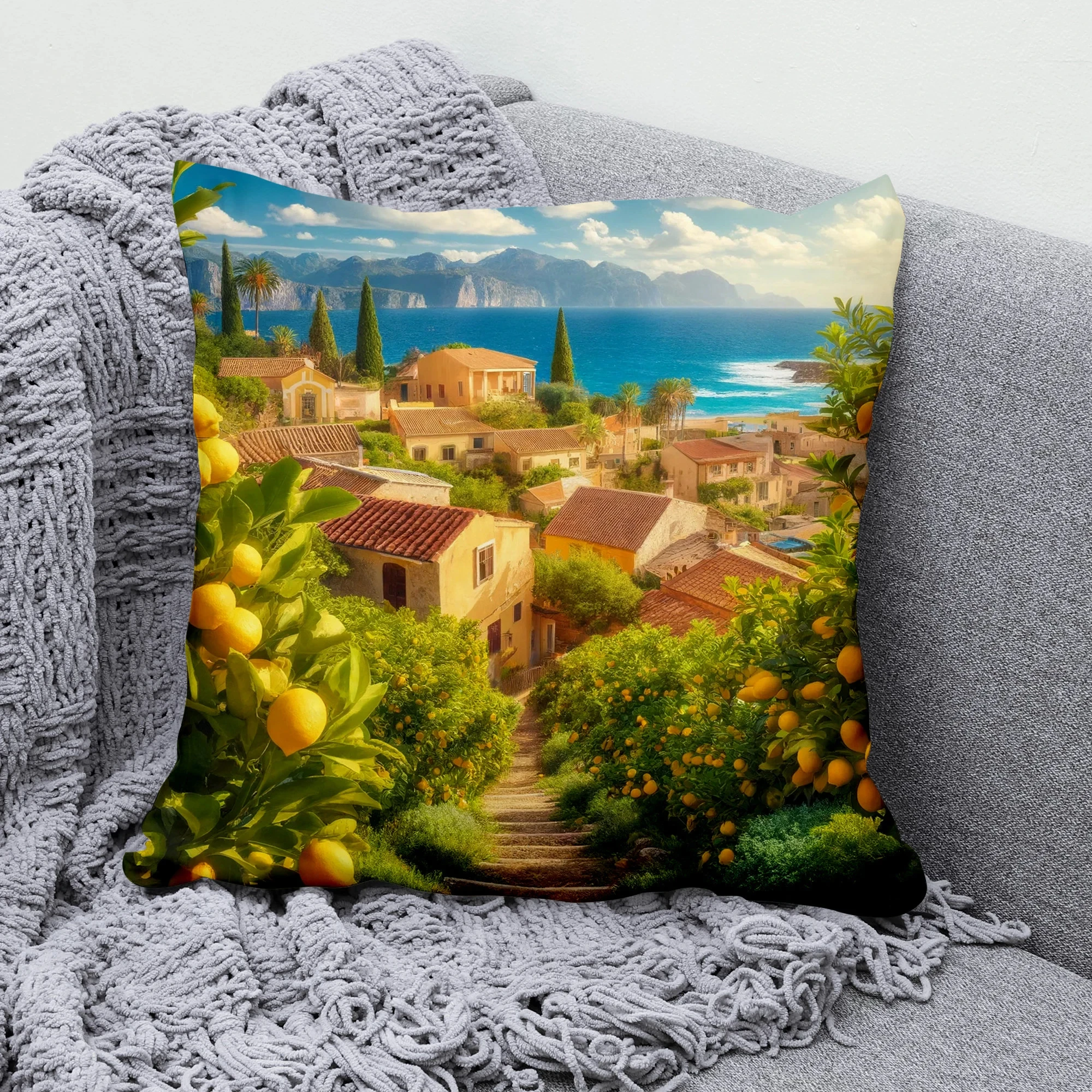 1PC Amalfi Coast Lemon Grove Pillow Cover, Mediterranean Italian Style Cushion Case (Pillow Not Included)