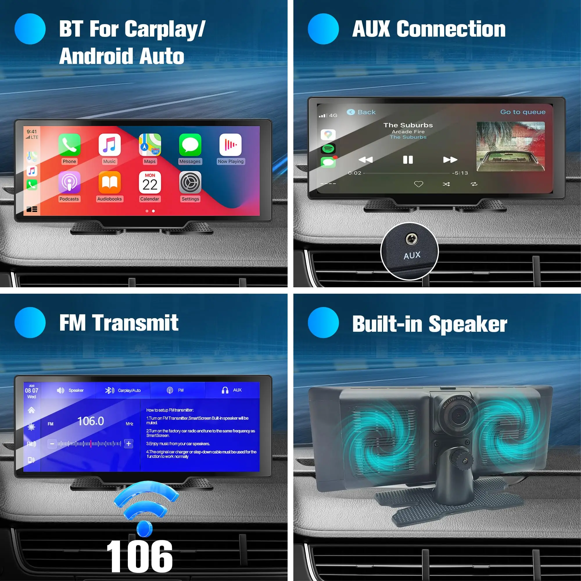 Carplay Nirkabel Android Auto, Carplay Stereo Android Carplay Bluetooth Putar Mobil AUX Layar Android Bluetooth 1080P + 2.5K Kartu SD