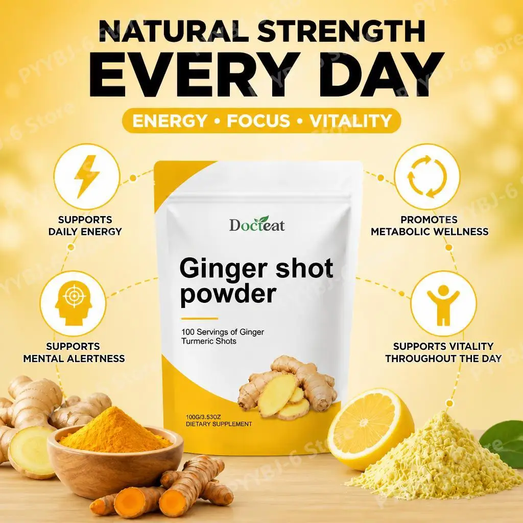Docteat Ginger Shot Powder VitaminC B6B12 Turmeric Panax Ginseng Metabolism Energy Immune Antioxidant Support Daily Wellness100g - view 2